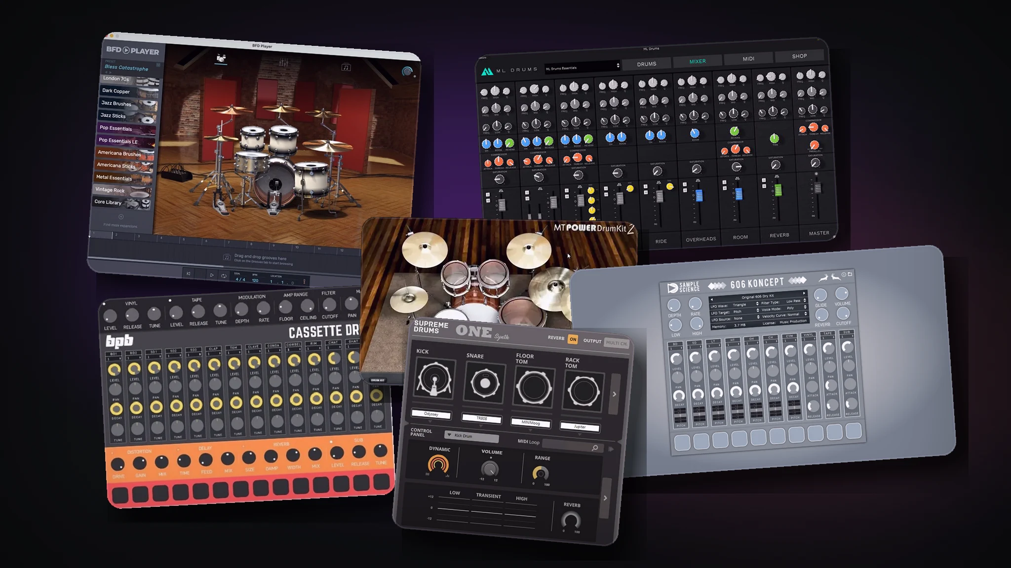 Collage of free drum VST plugin interfaces including acoustic drum kits and drum machine plugins