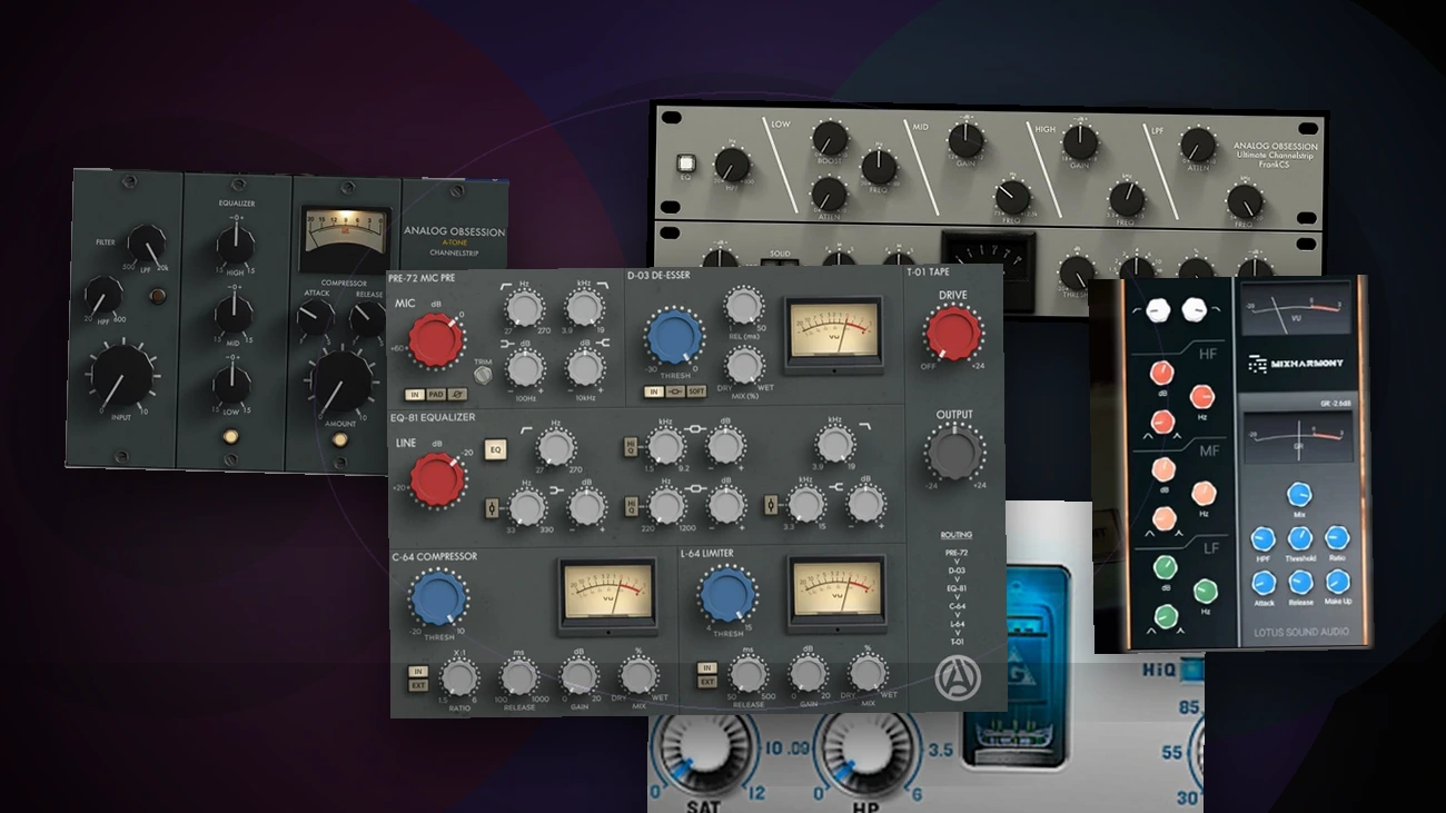 Free channel strip VST plugins collage featuring CHANNEV, ATONE, FrankCS, MixHARMONY, and NastyVCS