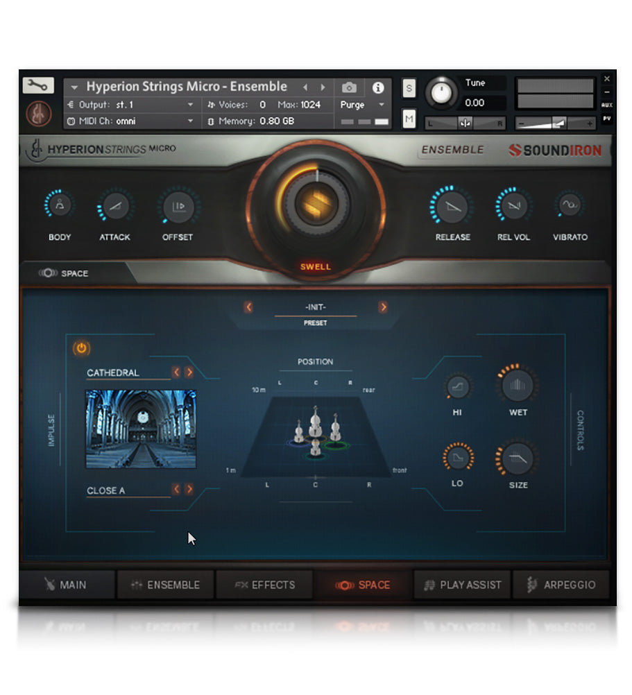 Hyperion Strings Micro Space panel with stage positioning controls